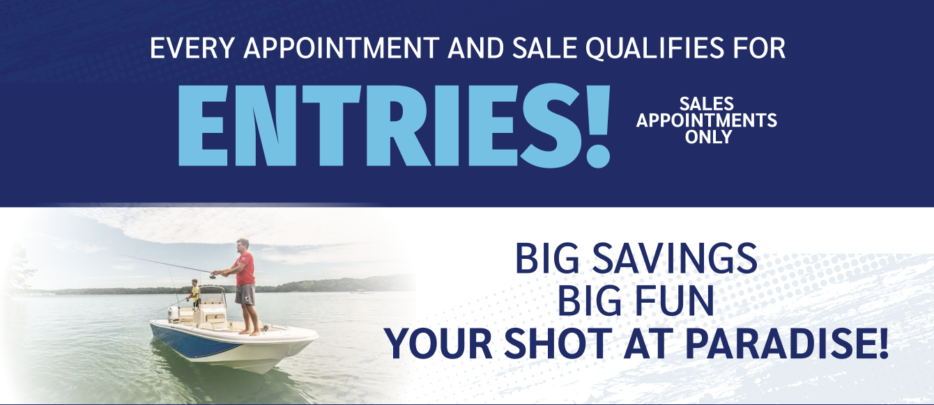 Every appointment and sale qualifies for entries — Big Savings, Big Fun, Your Shot at Paradise